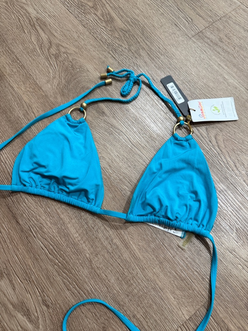 Vitamin A Turquoise Triangle Bikini Top with Gold Rings